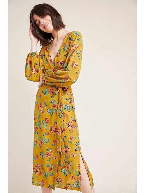 Anthropologie Dresses & Skirts - Floral Yellow Wrap Midi Dress M With Tie Waist & Long Sleeves
